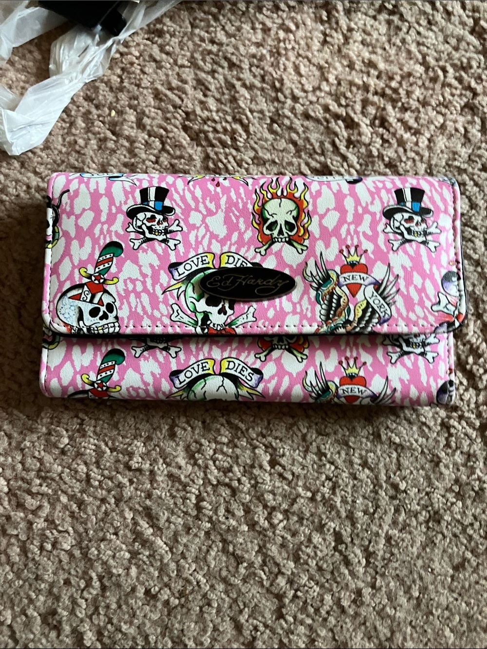 Ed Hardy Pink Tattoo Skull Print Kids Clutch Wallet